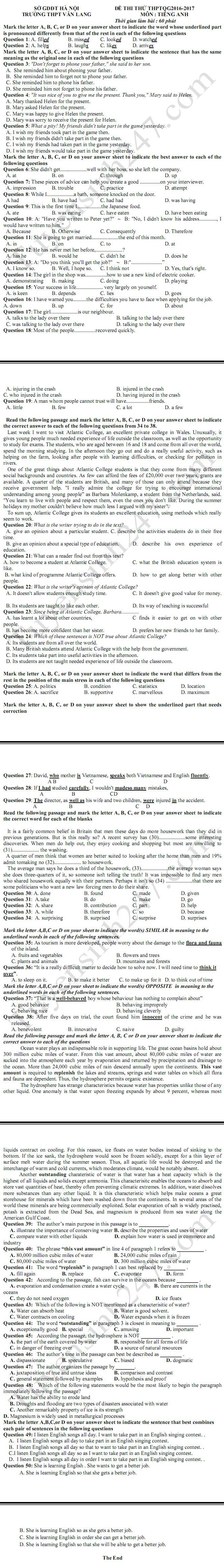 De thi thu THPT Quoc gia mon tieng Anh 2017 - THPT Van Lang