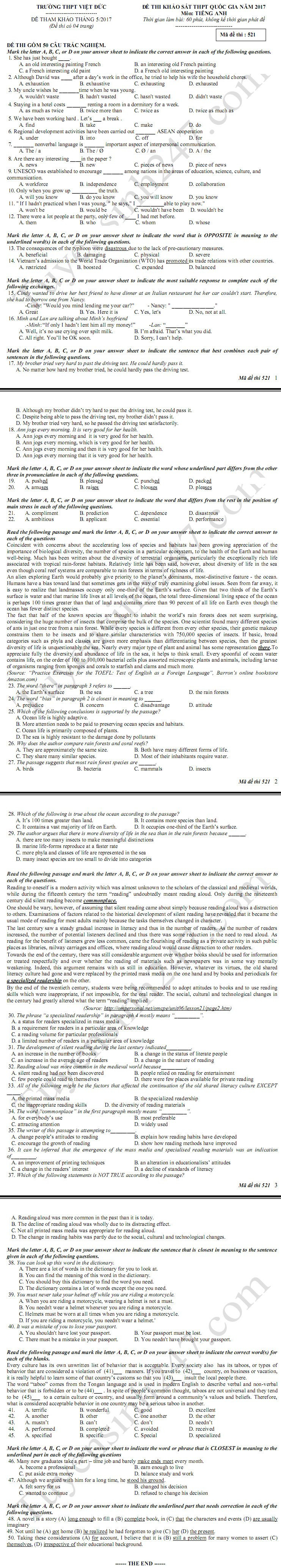 De thi thu THPT Quoc gia mon tieng Anh 2017 - THPT Viet Duc