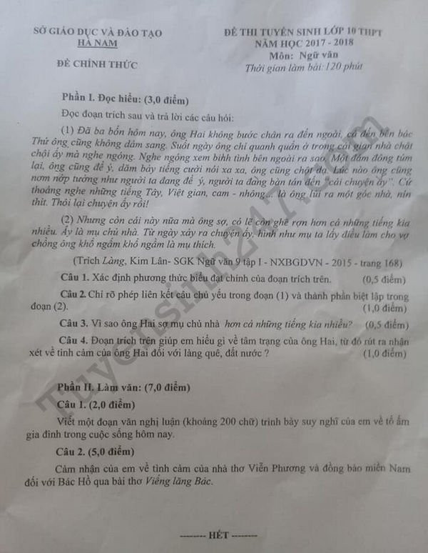 De thi vao lop 10 mon Van- Ha Nam 2017