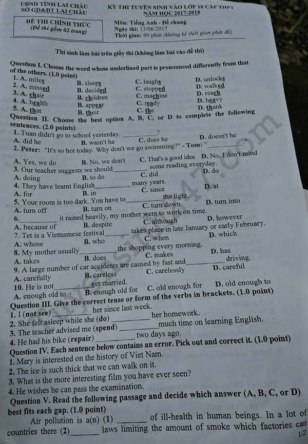 De thi vao lop 10 mon Anh tinh Lai Chau 2017