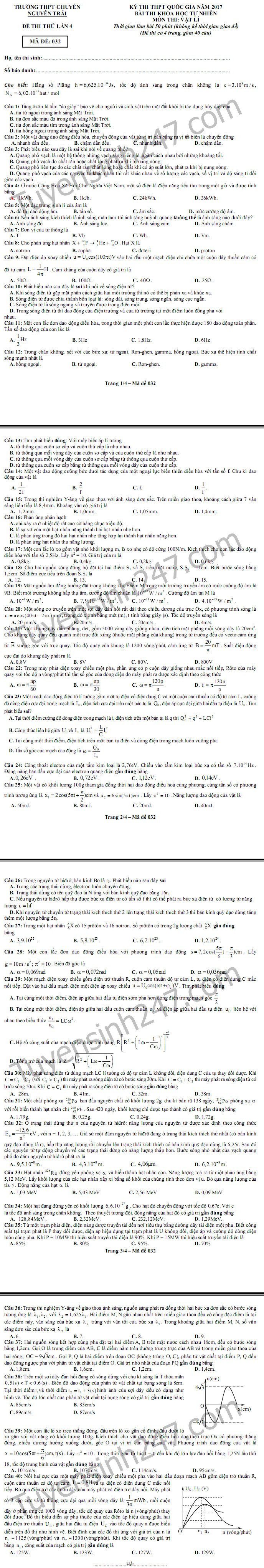 De thi thu THPT Quoc gia mon Ly – Chuyen Nguyen Trai 2017