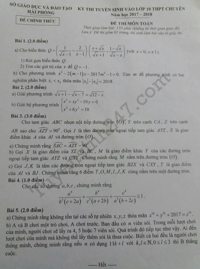 De thi vao lop 10 mon Toan chuyen Hai Phong 2017