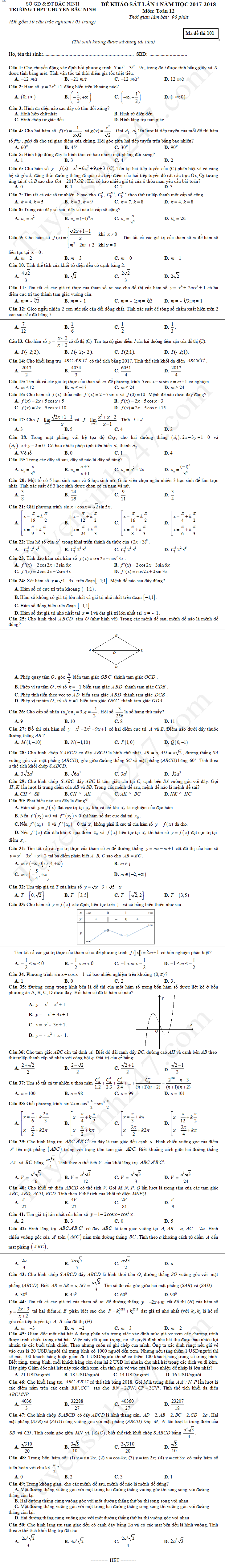 De thi thu THPTQG mon Toan 2018 - THPT Chuyen Bac Ninh lan 1