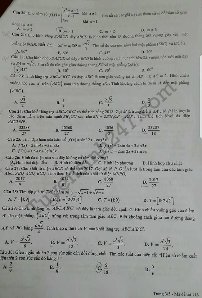 De thi thu THPTQG mon Toan 2018 - THPT Chuyen Bac Ninh lan 1