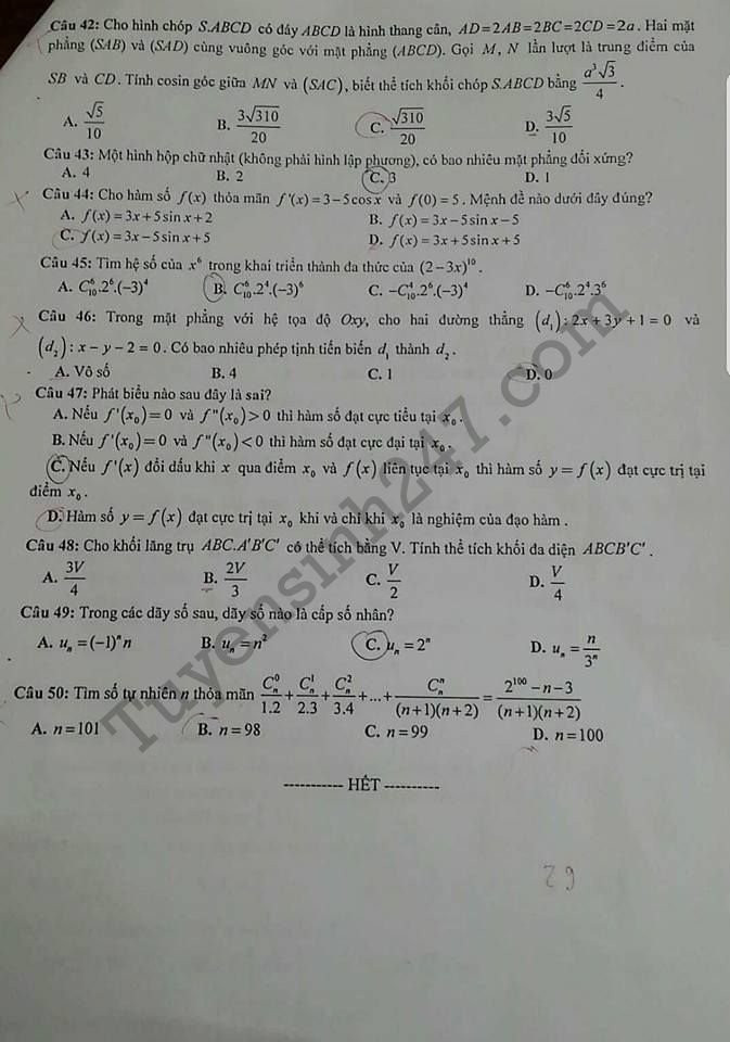 De thi thu THPTQG mon Toan 2018 - THPT Chuyen Bac Ninh lan 1