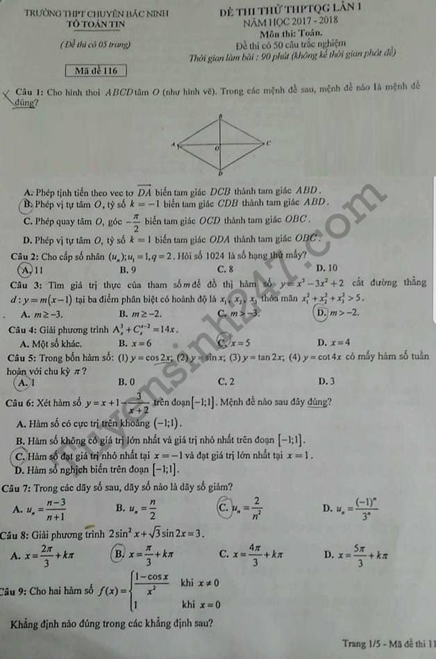 De thi thu THPTQG mon Toan 2018 - THPT Chuyen Bac Ninh lan 1