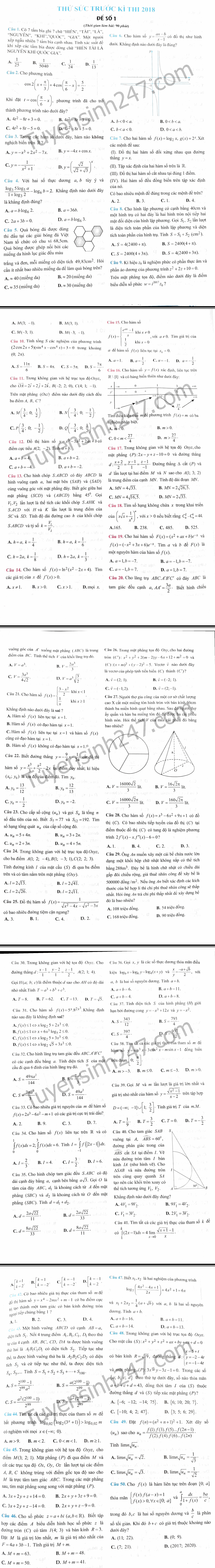De thi thu THPT Quoc gia mon Toan nam 2018 - De so 1