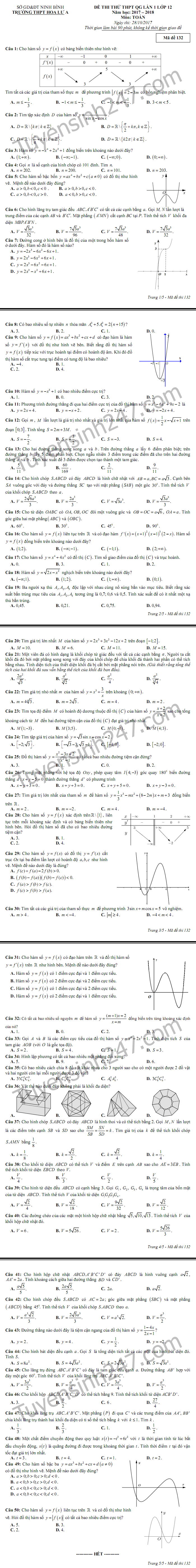 De thi thu THPT Quoc gia mon Toan THPT Hoa Lu A lan 1 nam 2018