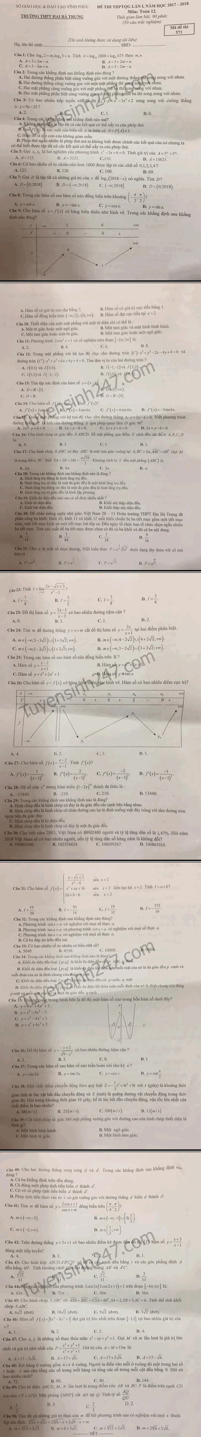 De thi thu THPT Quoc gia 2018 mon Toan - THPT Hai Ba Trung