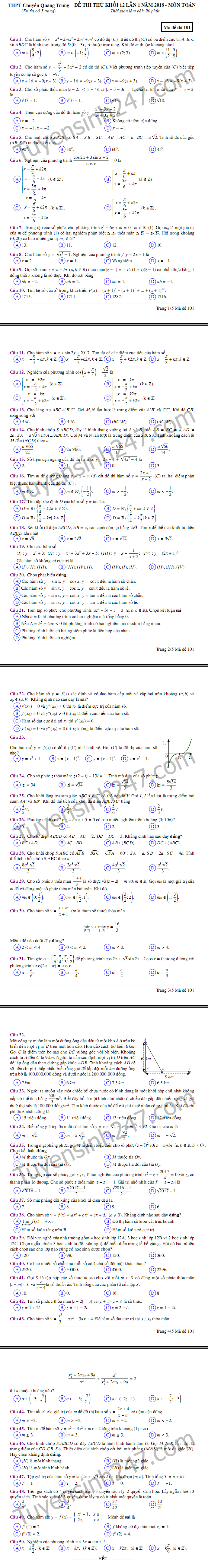 De thi thu THPTQG 2018 mon Toan - Chuyen Quang Trung lan 1