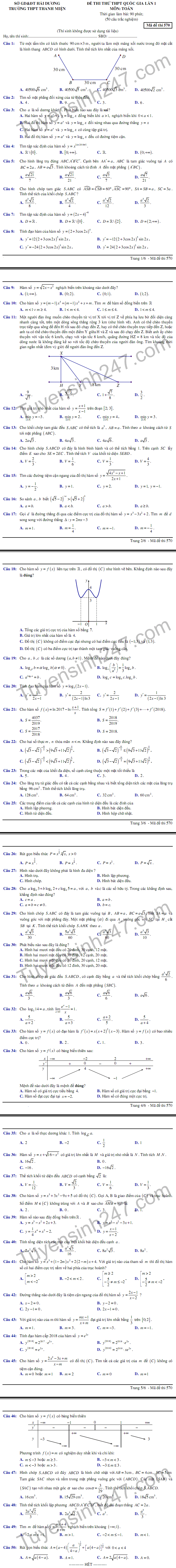 De thi thu THPT Quoc gia 2018 mon Toan - THPT Thanh Mien