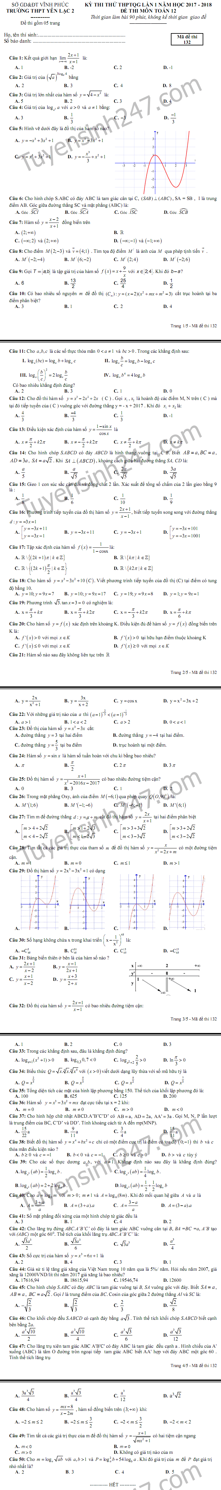 De thi thu THPT Quoc gia mon Toan 2018 - THPT Yen Lac 2