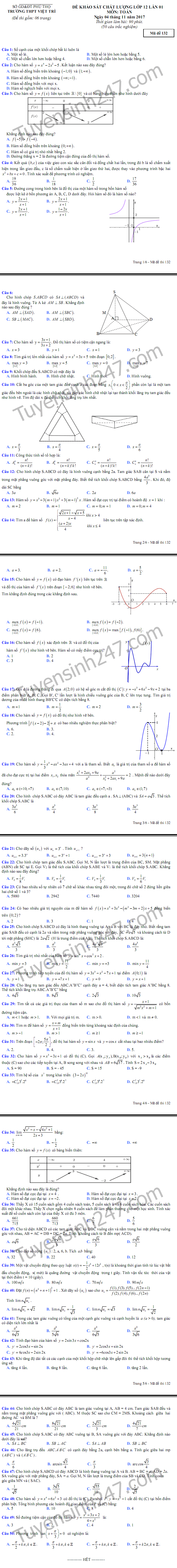 De thi thu THPT Quoc gia mon Toan 2018 - THPT Viet Tri lan 1