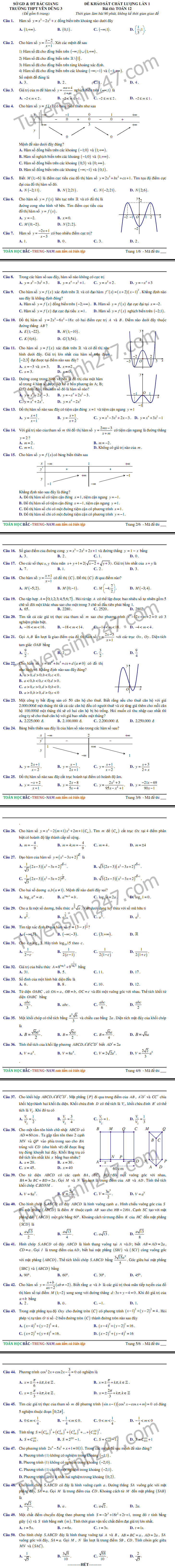 De thi thu THPT Quoc gia mon Toan THPT Yen Dung 3 nam 2018