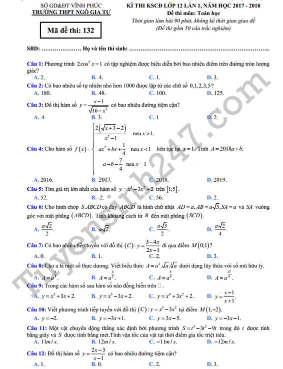 De thi thu THPT Quoc gia mon Toan - THPT Ngo Gia Tu 2018 lan 1
