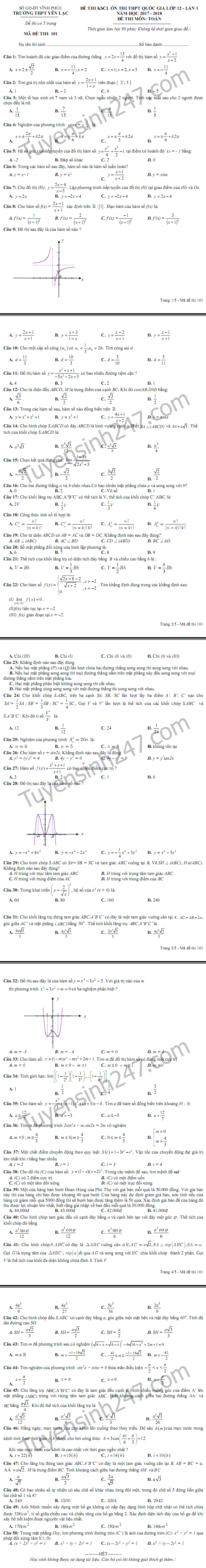 De thi thu THPTQG 2018 mon Toan - THPT Yen Lac lan 1