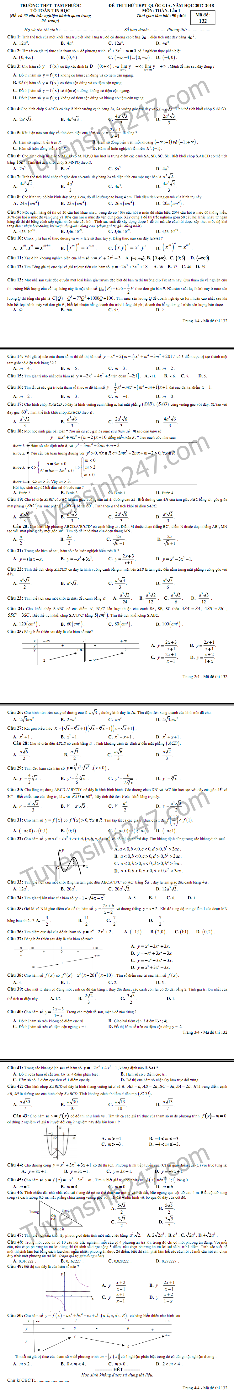 De thi thu THPT Quoc gia mon Toan - THPT Tam Phuoc 2018 lan 1