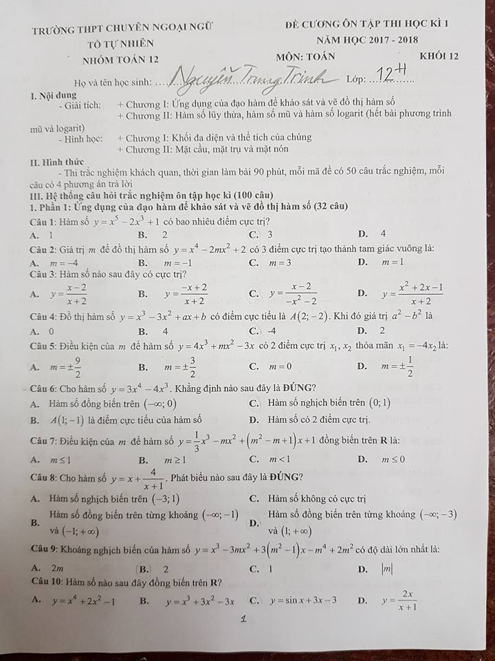 De cuong on tap ki 1 lop 12 mon Toan 2017 - THPT Chuyen Ngoai ngu