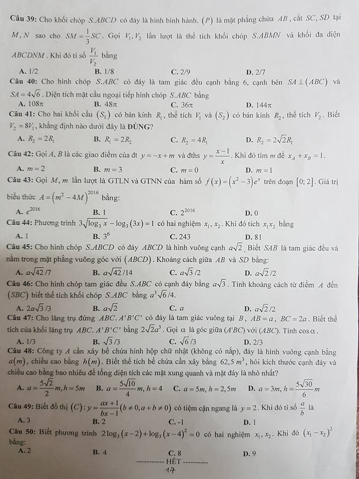 De cuong on tap ki 1 lop 12 mon Toan 2017 - THPT Chuyen Ngoai ngu