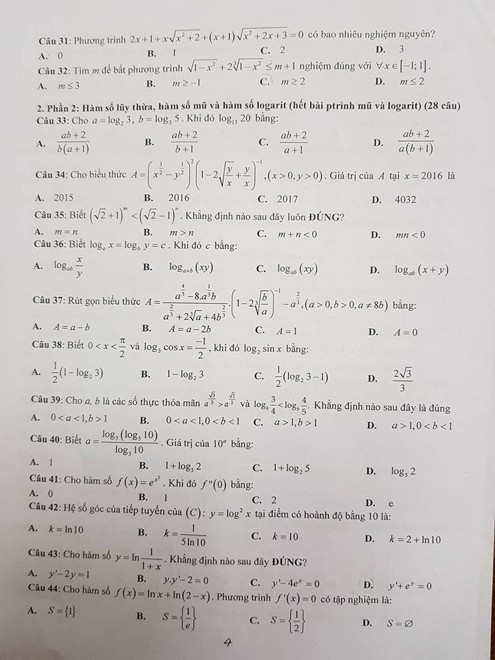 De cuong on tap ki 1 lop 12 mon Toan 2017 - THPT Chuyen Ngoai ngu