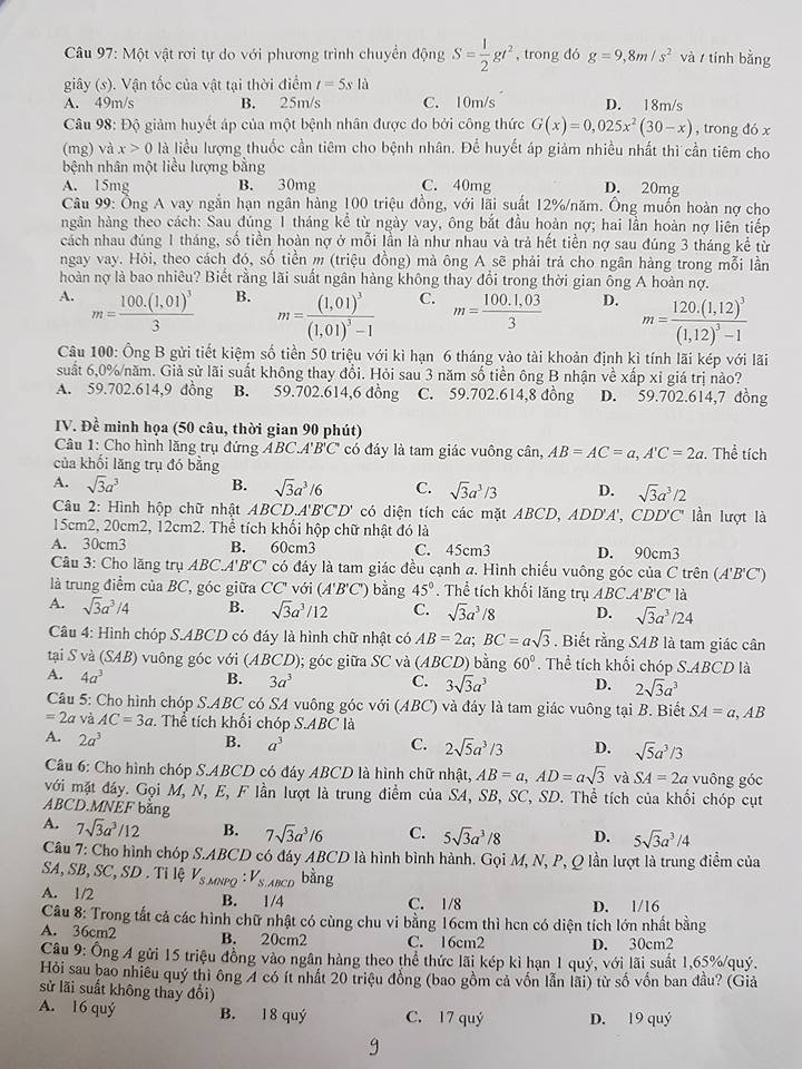 De cuong on tap ki 1 lop 12 mon Toan 2017 - THPT Chuyen Ngoai ngu