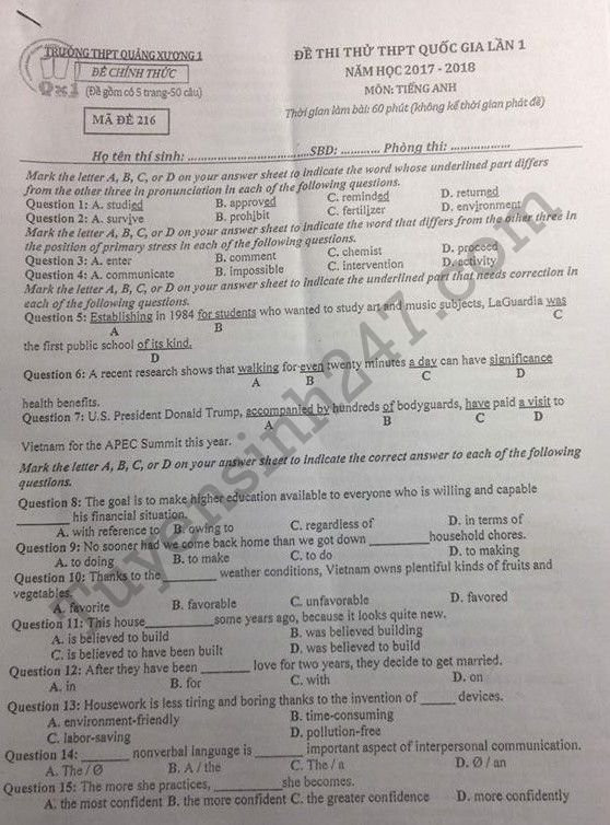 De thi thu THPT Quoc gia mon Anh 2018 - Quang Xuong 1 lan 1