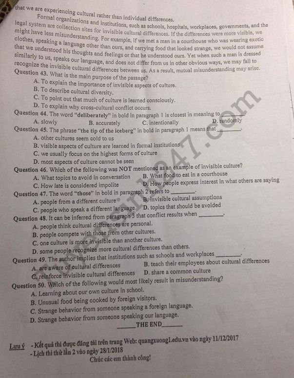 De thi thu THPT Quoc gia mon Anh 2018 - Quang Xuong 1 lan 1