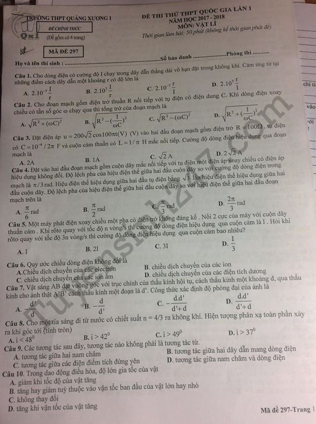 De thi thu THPT Quoc gia mon Ly 2018 - THPT Quang Xuong 1