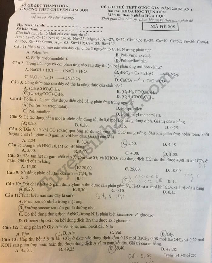 De thi thu THPTQG mon Hoa 2018 - THPT Chuyen Lam Son lan 1