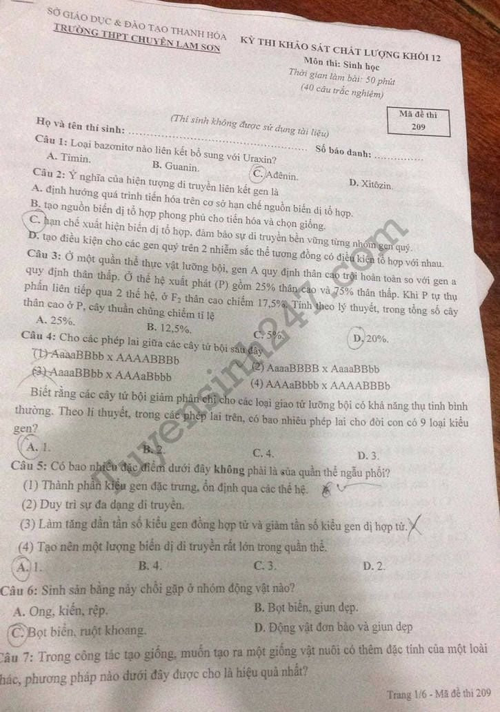 De thi thu THPTQG mon Sinh 2018 - THPT Chuyen Lam Son lan 1