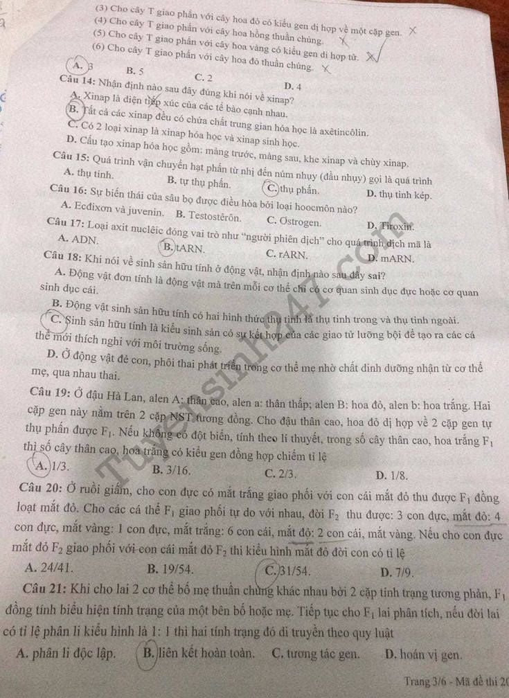 De thi thu THPTQG mon Sinh 2018 - THPT Chuyen Lam Son lan 1