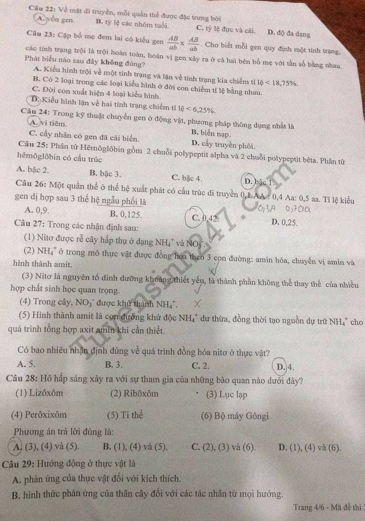 De thi thu THPTQG mon Sinh 2018 - THPT Chuyen Lam Son lan 1