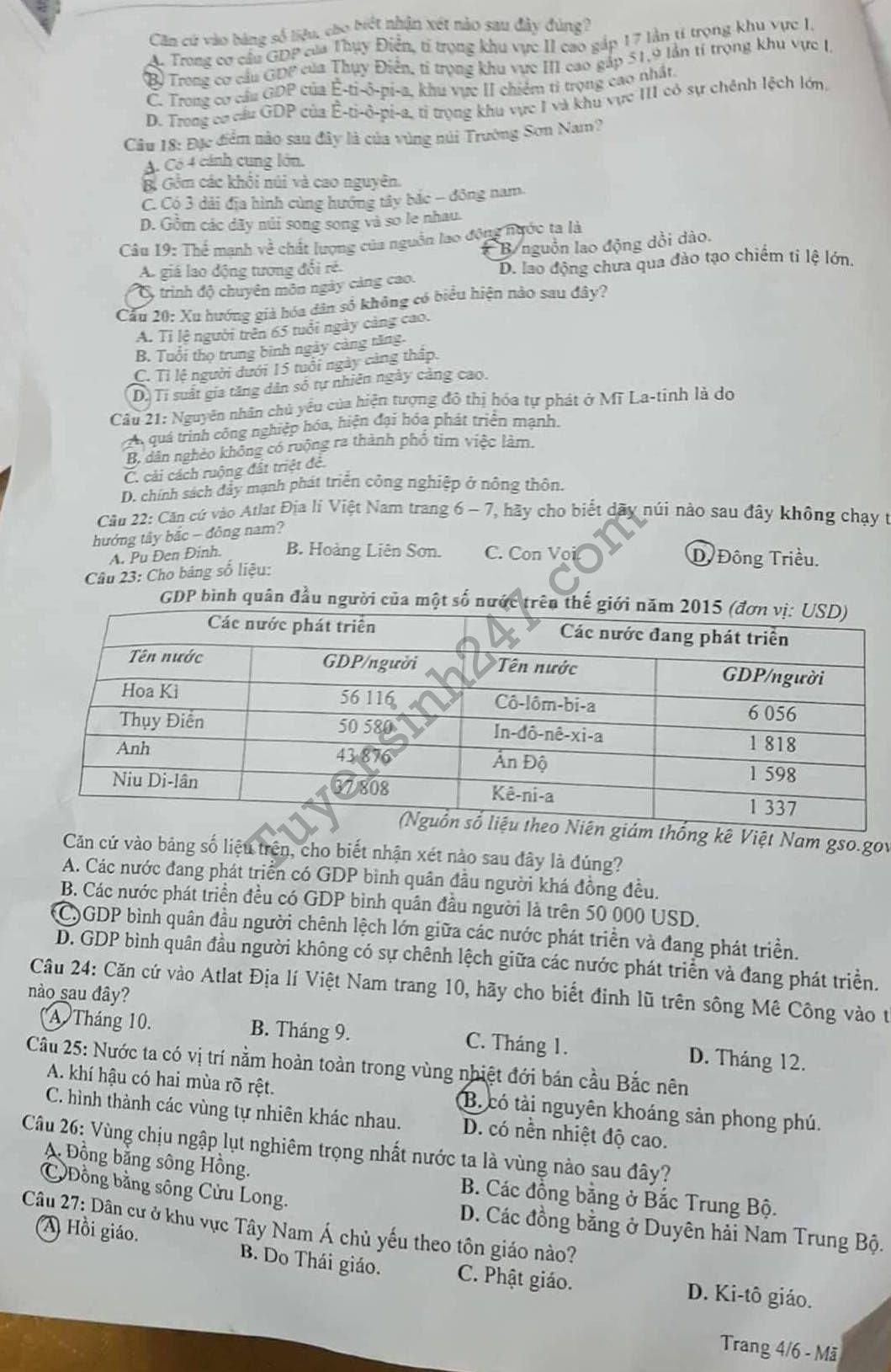 De thi thu THPTQG mon Dia 2018 - THPT Chuyen Lam Son lan 1