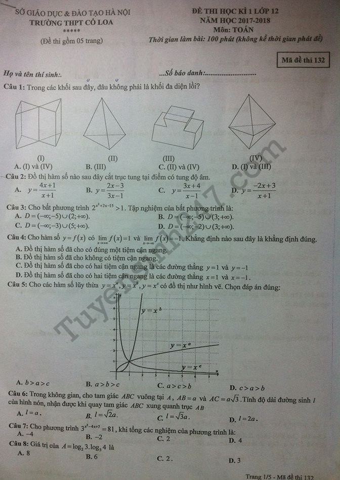 De thi hoc ki 1 lop 12 mon Toan 2017 - 2018 THPT Co Loa