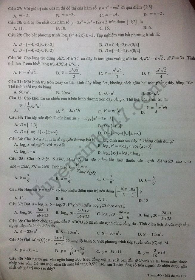 De thi hoc ki 1 lop 12 mon Toan 2017 - 2018 THPT Co Loa