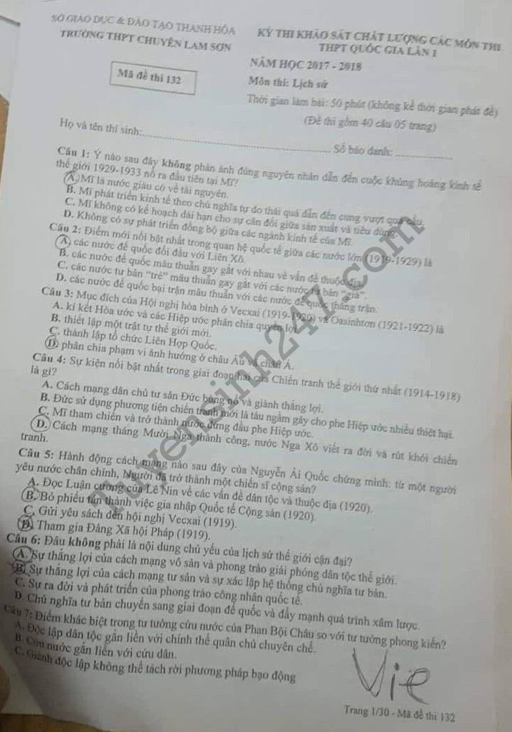 De thi thu THPTQG mon Su THPT Chuyen Lam Son 2018 lan 1