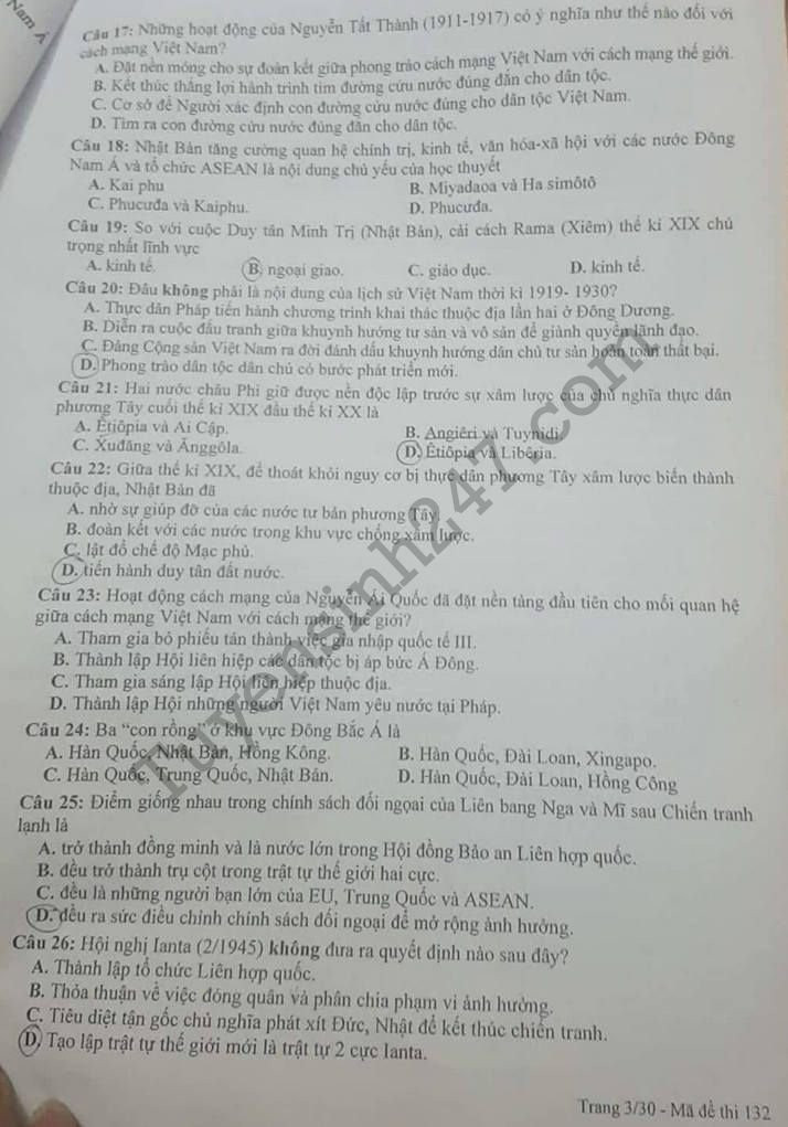 De thi thu THPTQG mon Su THPT Chuyen Lam Son 2018 lan 1