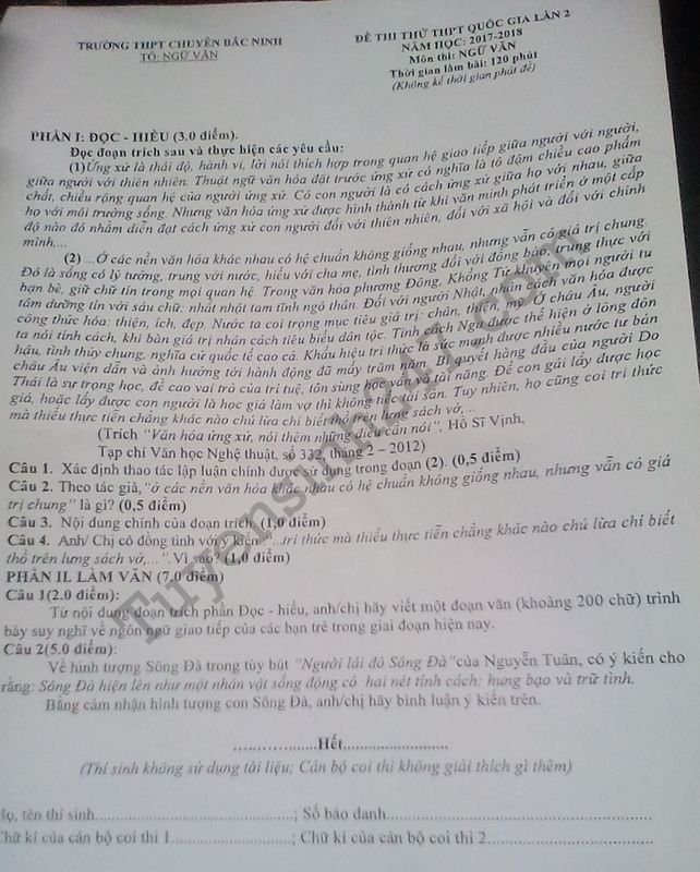 De thi thu THPT Quoc gia 2018 mon Van THPT Chuyen Bac Ninh lan 2