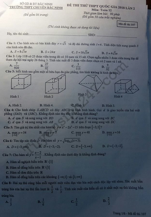 Dap an de thi thu THPT Quoc gia mon Toan 2018 THPT Chuyen Bac Ninh lan 2