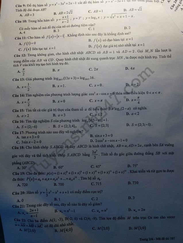 Dap an de thi thu THPT Quoc gia mon Toan 2018 THPT Chuyen Bac Ninh lan 2