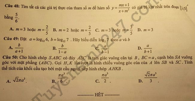 Dap an de thi thu THPT Quoc gia mon Toan 2018 THPT Chuyen Bac Ninh lan 2
