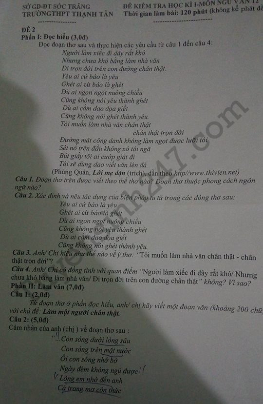 De thi ki 1 lop 12 mon Van THPT Thanh Tan 2017 - 2018