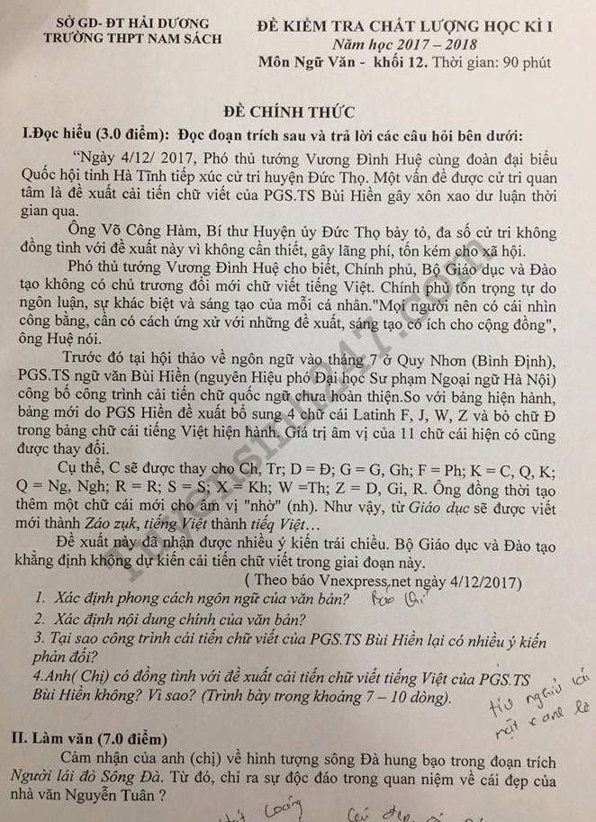 De thi ki 1 lop 12 mon Van nam 2017 - 2018 THPT Nam Sach