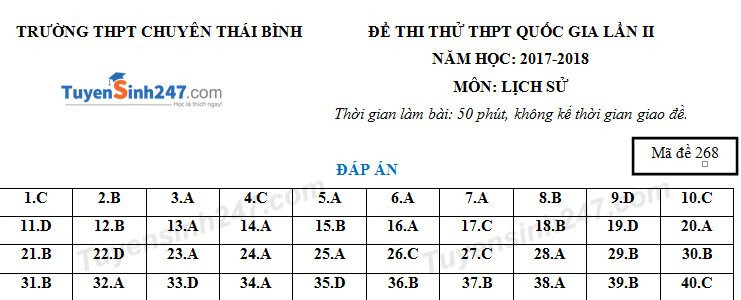 De thi thu THPTQG mon Su 2018 - THPT Chuyen Thai Binh lan 2