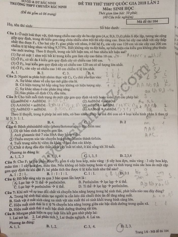 De thi thu THPTQG mon Sinh 2018 THPT Chuyen Bac Ninh lan 2