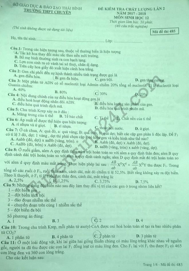 De thi thu THPTQG 2018 mon Sinh THPT Chuyen Thai Binh lan 2