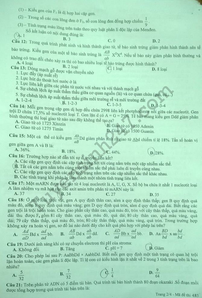 De thi thu THPTQG 2018 mon Sinh THPT Chuyen Thai Binh lan 2