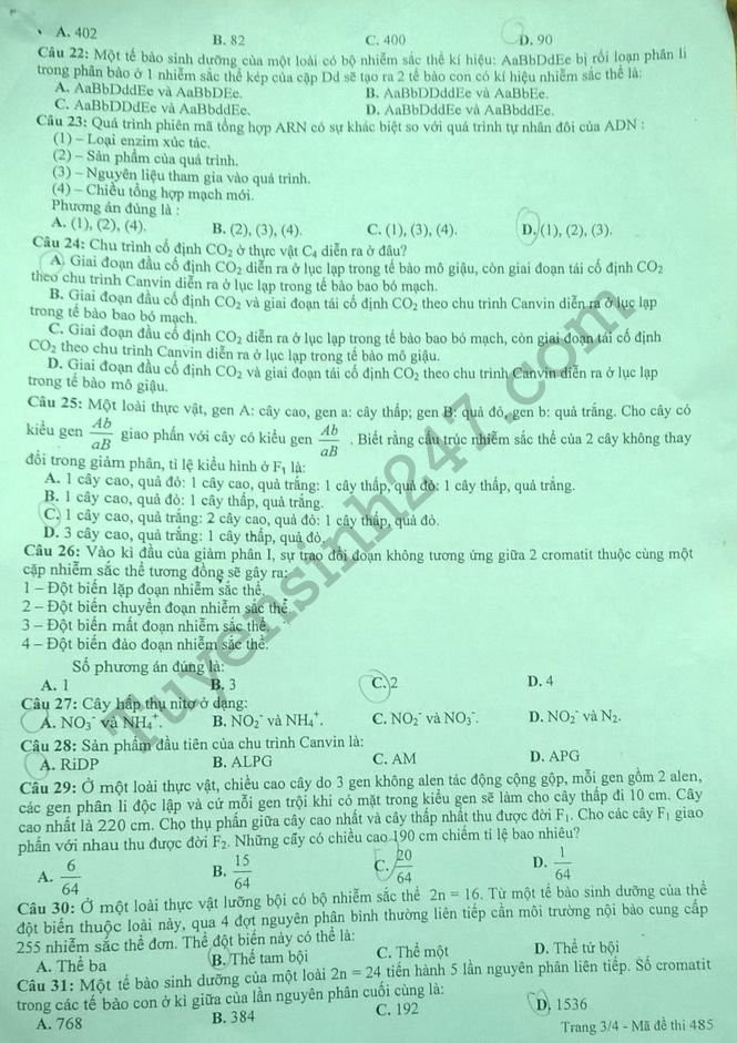 De thi thu THPTQG 2018 mon Sinh THPT Chuyen Thai Binh lan 2