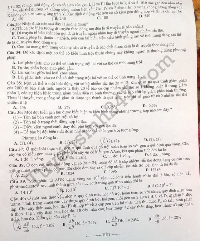 De thi thu THPTQG 2018 mon Sinh THPT Chuyen Thai Binh lan 2