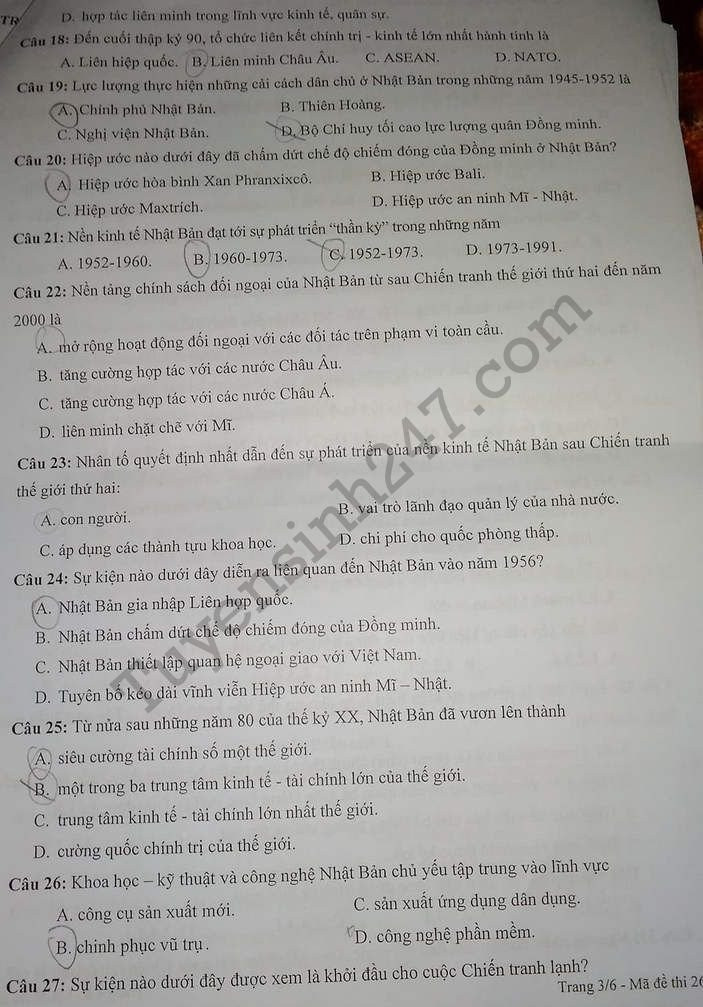 De thi thu THPTQG mon Su 2018 - THPT Chuyen Thai Binh lan 2